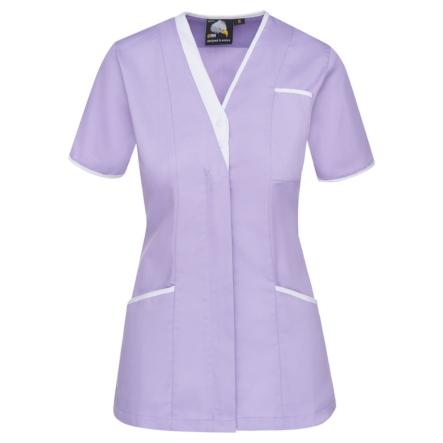 Orn Workwear Tonia V-Neck Tunic in lilac with pockets on the tunic lower and left chest with white contrast around the pockets and middle of the tunic.