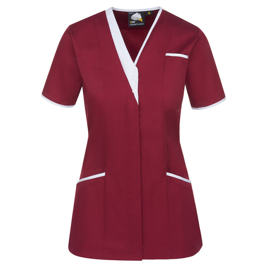 Orn Workwear Tonia V-Neck Tunic in maroon with pockets on the tunic lower and left chest with white contrast around the pockets and middle of the tunic.