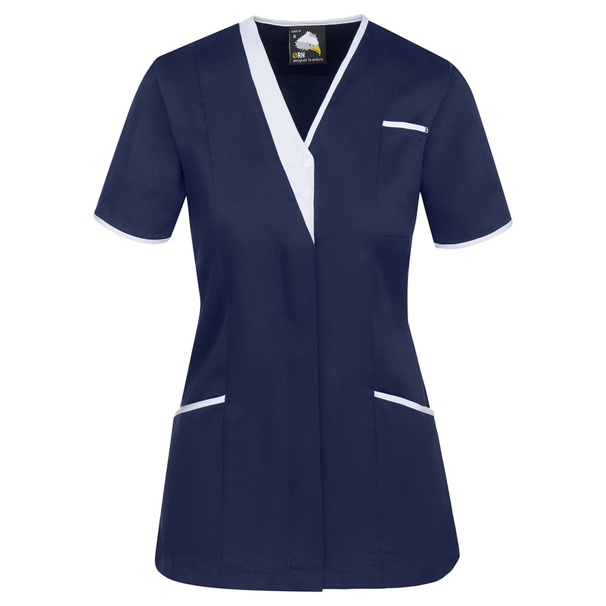 Orn Workwear Tonia V-Neck Tunic in navy with pockets on the tunic lower and left chest with white contrast around the pockets and middle of the tunic.