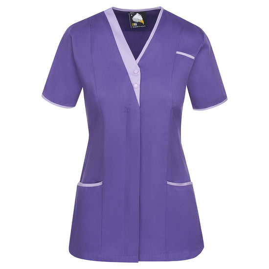 Orn Workwear Tonia V-Neck Tunic in purple with pockets on the tunic lower and left chest with lilac contrast around the pockets and middle of the tunic.
