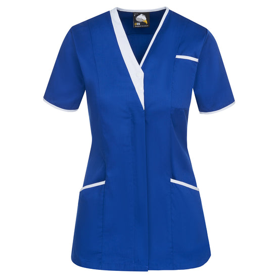 Orn Workwear Tonia V-Neck Tunic in royal blue with pockets on the tunic lower and left chest with white contrast around the pockets and middle of the tunic.