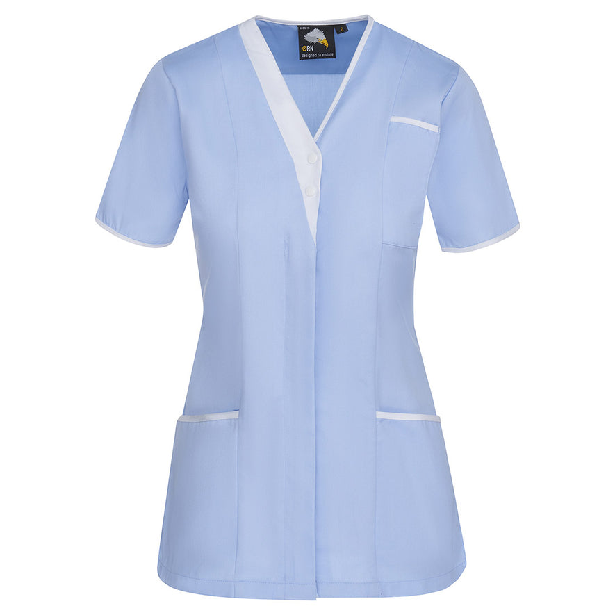 Orn Workwear Tonia V-Neck Tunic in sky with pockets on the tunic lower and left chest with white contrast around the pockets and middle of the tunic.