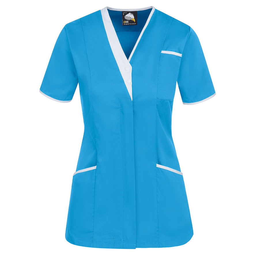 Orn Workwear Tonia V-Neck Tunic in teal with pockets on the tunic lower and left chest with white contrast around the pockets and middle of the tunic.