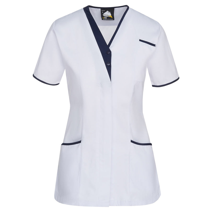 Orn Workwear Tonia V-Neck Tunic in navy with pockets on the tunic lower and left chest with navy contrast around the pockets and middle of the tunic.