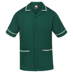 Orn Workwear Darwin Tunic in bottle green with pockets on the tunic lower with white contrast around the pockets and middle of the tunic.