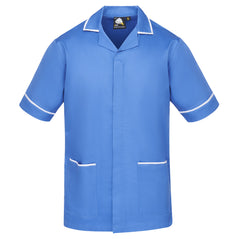 Orn Workwear Darwin Tunic in hospital blue with pockets on the tunic lower with white contrast around the pockets and middle of the tunic.