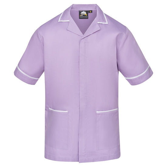 Orn Workwear Darwin Tunic in lilac with pockets on the tunic lower with white contrast around the pockets and middle of the tunic.