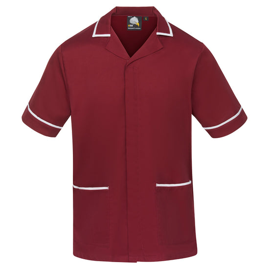 Orn Workwear Darwin Tunic in maroon with pockets on the tunic lower with white contrast around the pockets and middle of the tunic.