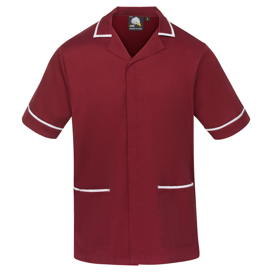Orn Workwear Darwin Tunic in maroon with pockets on the tunic lower with white contrast around the pockets and middle of the tunic.