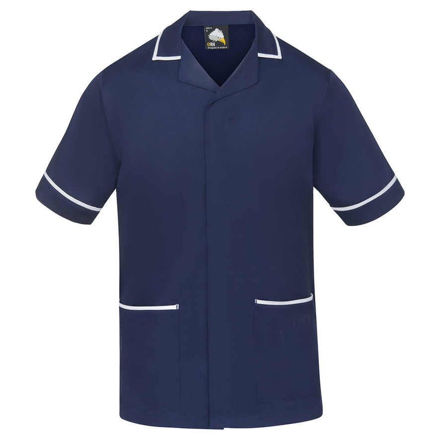 Orn Workwear Darwin Tunic in navy with pockets on the tunic lower with white contrast around the pockets and middle of the tunic.
