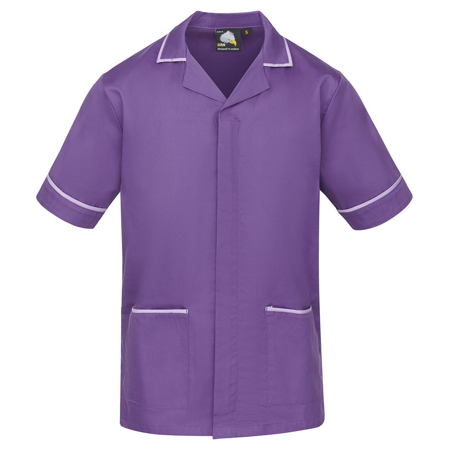 Orn Workwear Darwin Tunic in purple with pockets on the tunic lower with lilac contrast around the pockets and middle of the tunic.