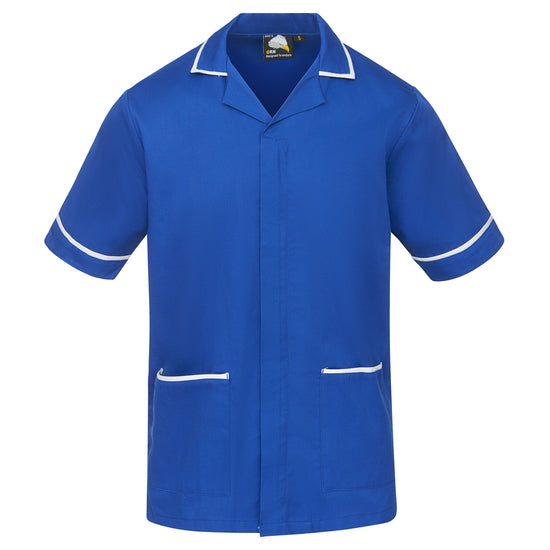 Orn Workwear Darwin Tunic in royal blue with pockets on the tunic lower with white contrast around the pockets and middle of the tunic.