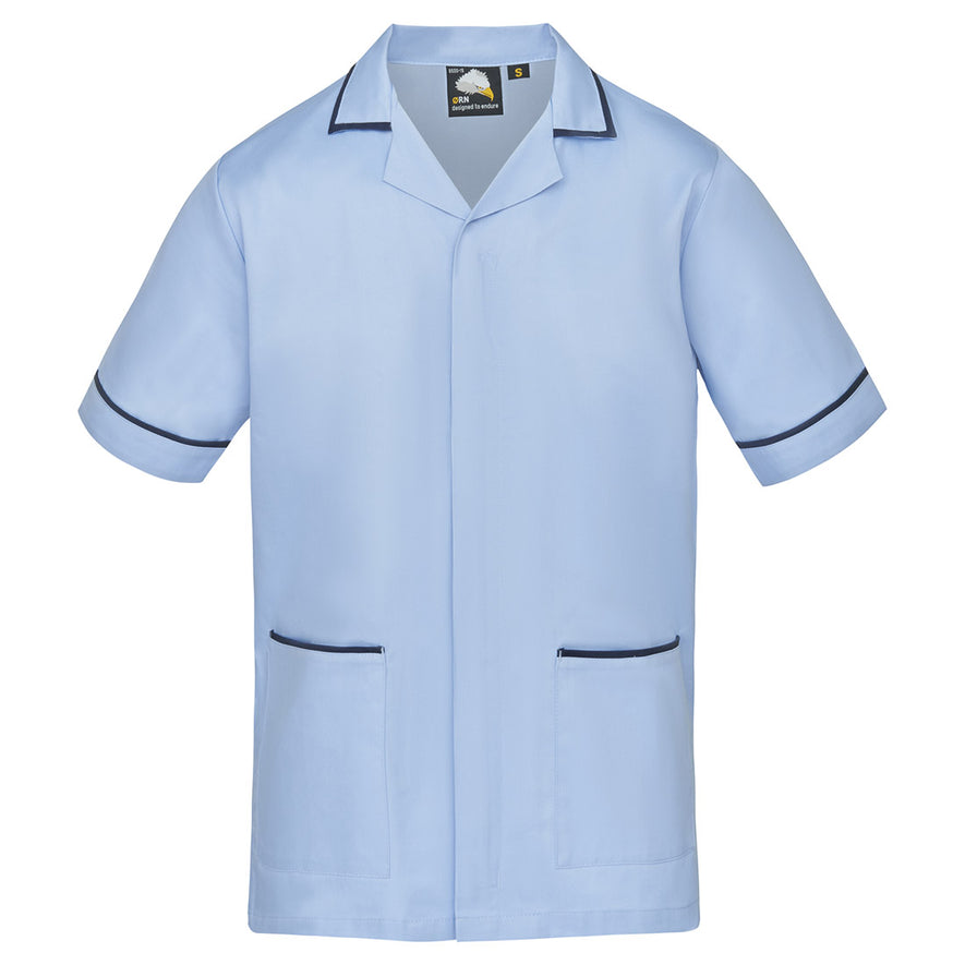 Orn Workwear Darwin Tunic in sky blue with pockets on the tunic lower with navy contrast around the pockets and middle of the tunic.