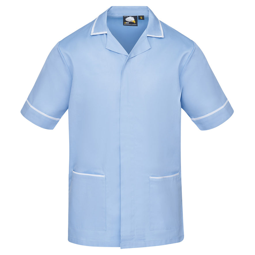 Orn Workwear Darwin Tunic in sky blue with pockets on the tunic lower with white contrast around the pockets and middle of the tunic.