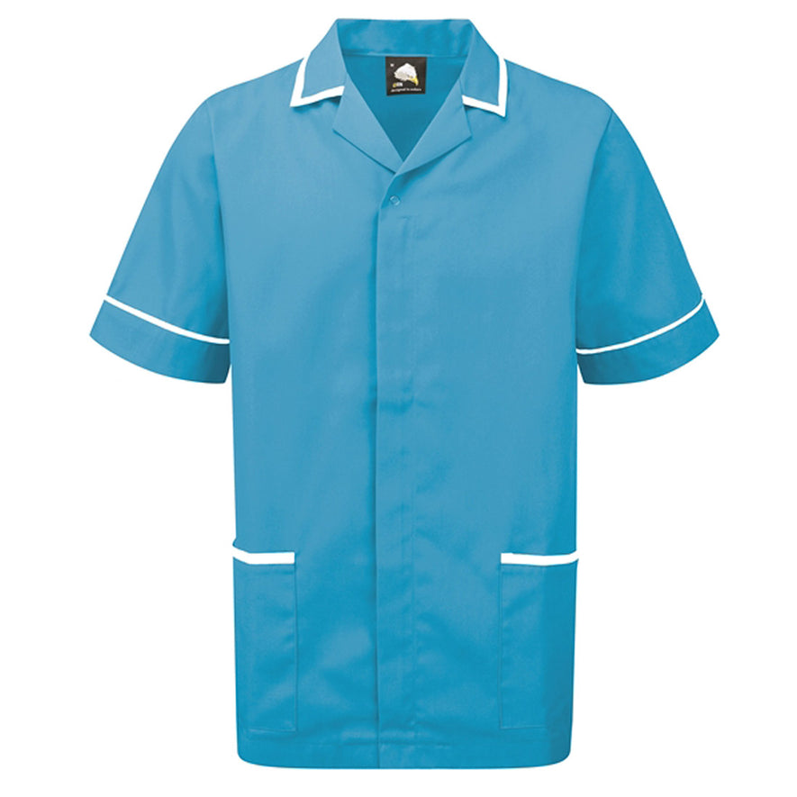 Orn Workwear Darwin Tunic in teal with pockets on the tunic lower with white contrast around the pockets and middle of the tunic.