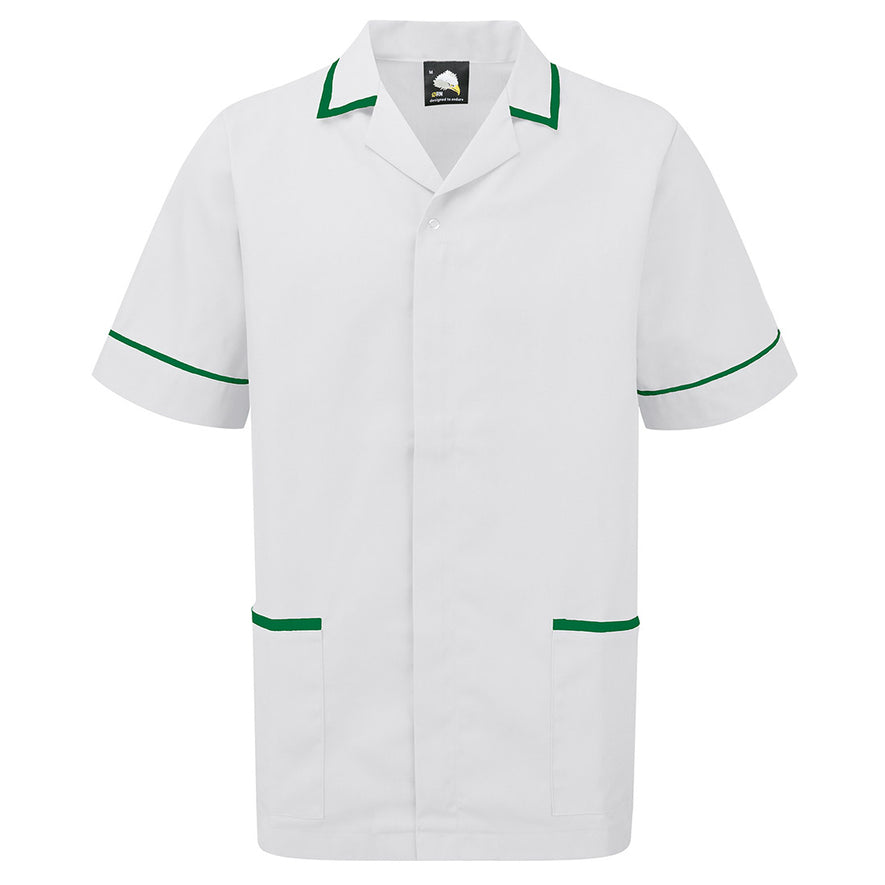 Orn Workwear Darwin Tunic in white with pockets on the tunic lower with bottle green contrast around the pockets and middle of the tunic.