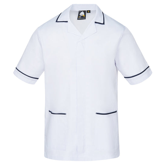 Orn Workwear Darwin Tunic in white with pockets on the tunic lower with navy contrast around the pockets and middle of the tunic.