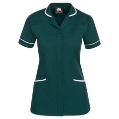 Orn Workwear Florence Classic Tunic in bottle green with pockets on the tunic lower with white contrast around the pockets and middle of the tunic.