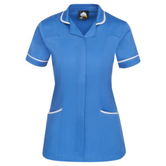 Orn Workwear Florence Classic Tunic in hospital blue with pockets on the tunic lower withwhite contrast around the pockets and middle of the tunic.