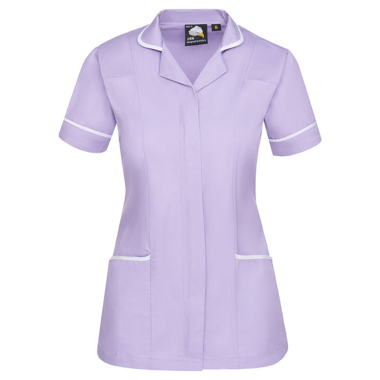 Orn Workwear Florence Classic Tunic in lilac with pockets on the tunic lower withwhite contrast around the pockets and middle of the tunic.