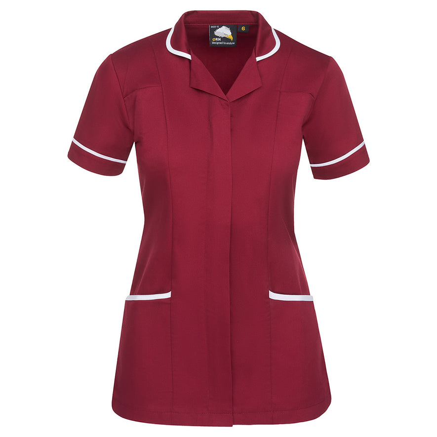 Orn Workwear Florence Classic Tunic in maroon with pockets on the tunic lower withwhite contrast around the pockets and middle of the tunic.