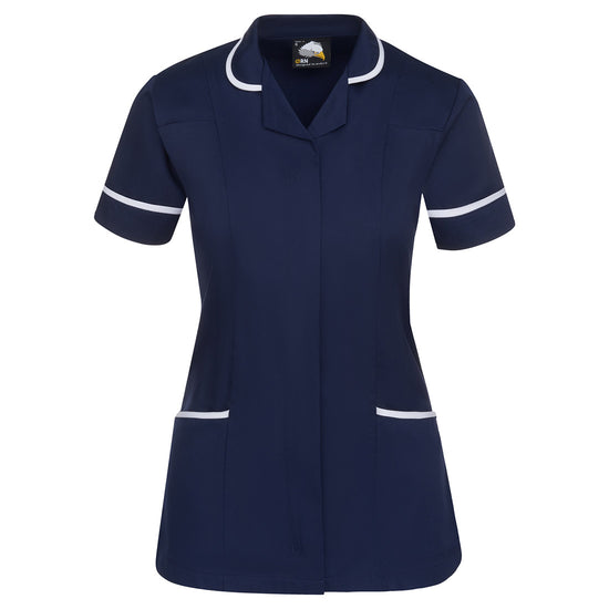 Orn Workwear Florence Classic Tunic in navy with pockets on the tunic lower withwhite contrast around the pockets and middle of the tunic.