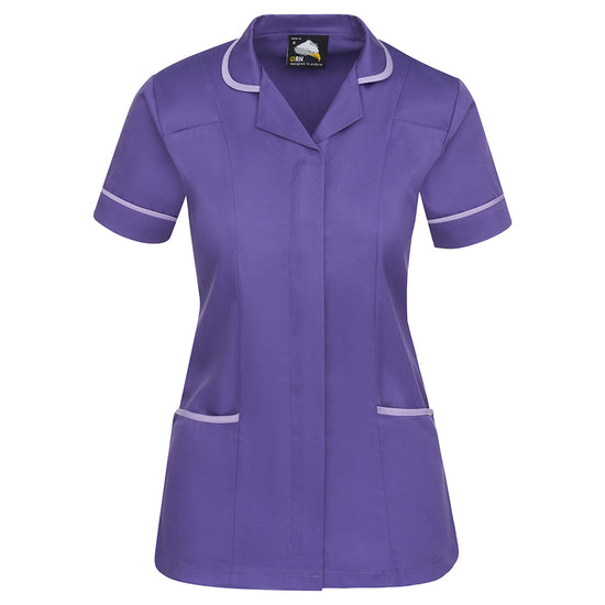 Orn Workwear Florence Classic Tunic in purple with pockets on the tunic lower withlilac contrast around the pockets and middle of the tunic.