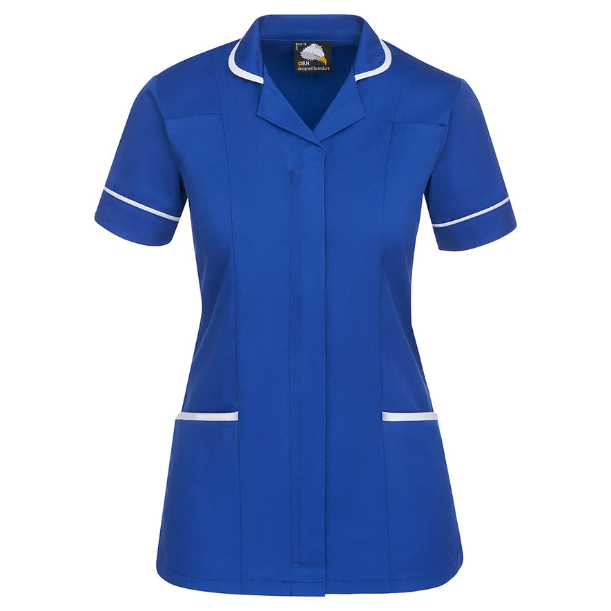 Orn Workwear Florence Classic Tunic in royal blue with pockets on the tunic lower withwhite contrast around the pockets and middle of the tunic.