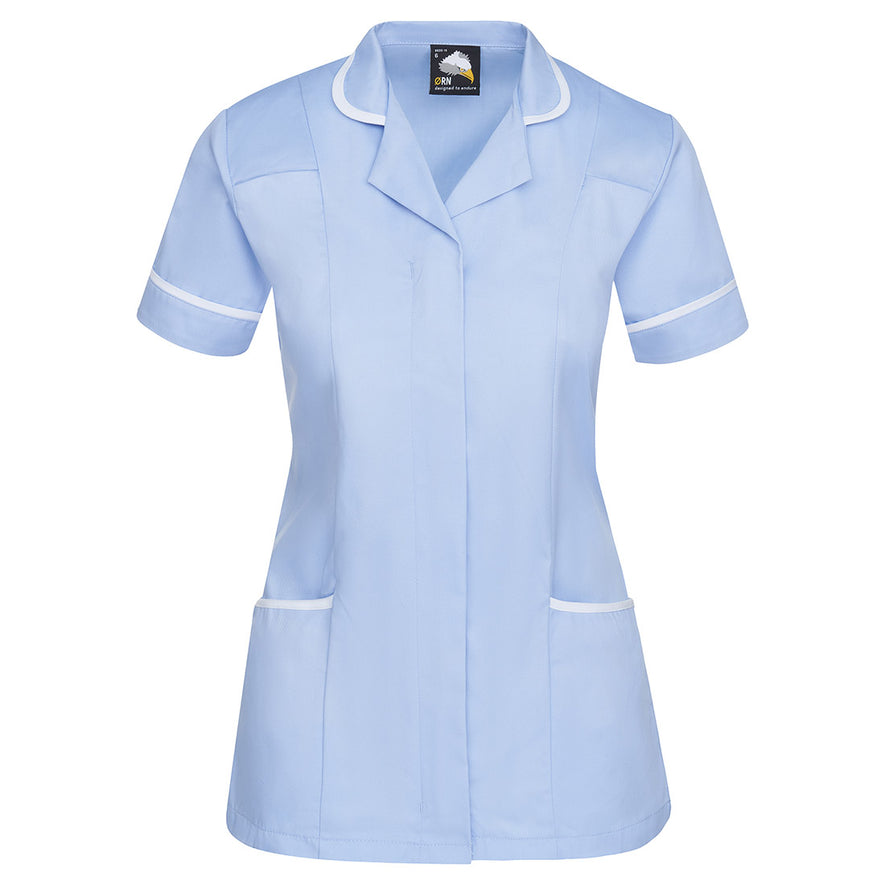 Orn Workwear Florence Classic Tunic in sky with pockets on the tunic lower withwhite contrast around the pockets and middle of the tunic.