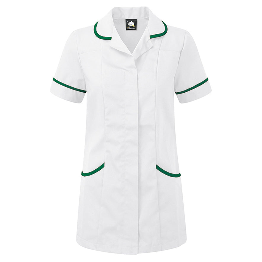 Orn Workwear Florence Classic Tunic in white with pockets on the tunic lower withbottle green contrast around the pockets and middle of the tunic.