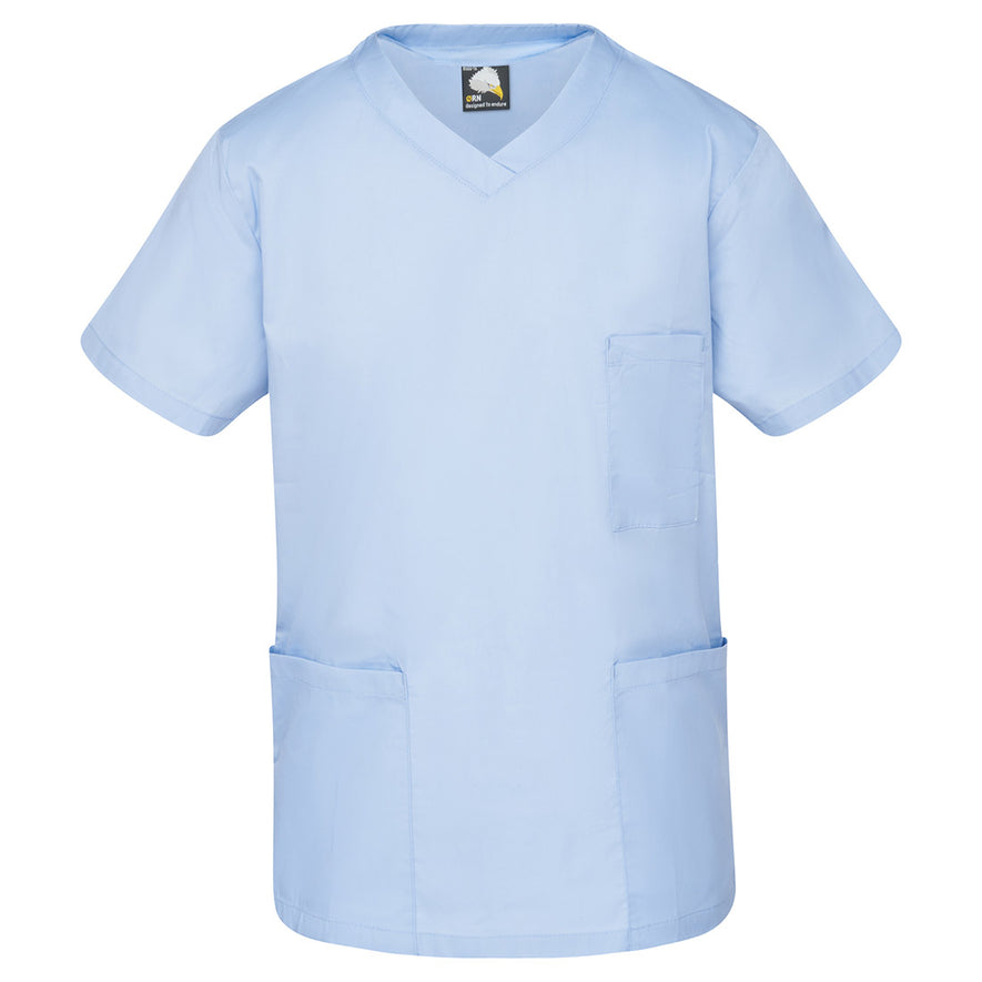 Orn Workwear Scrub Tunic in sky blue with pockets on the tunic lower with and left chest.