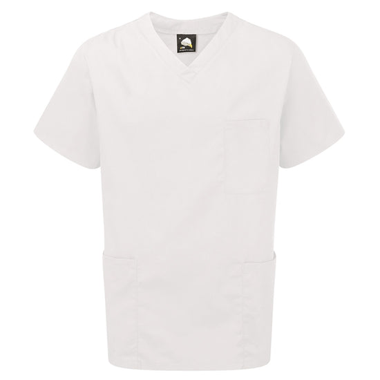 Orn Workwear Scrub Tunic in white with pockets on the tunic lower with and left chest.