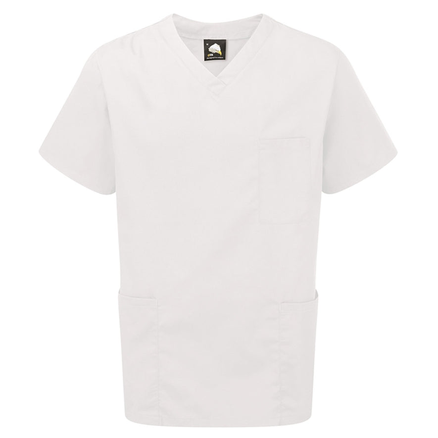 Orn Workwear Scrub Tunic in white with pockets on the tunic lower with and left chest.