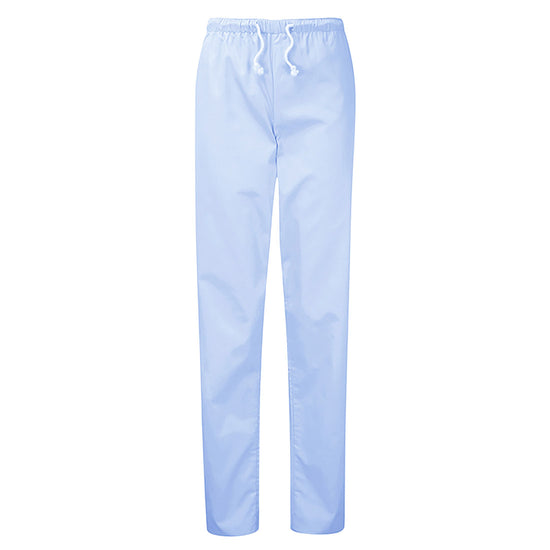 Orn Workwear Scrub Trousers in sky blue with pockets and drawstring fasten.