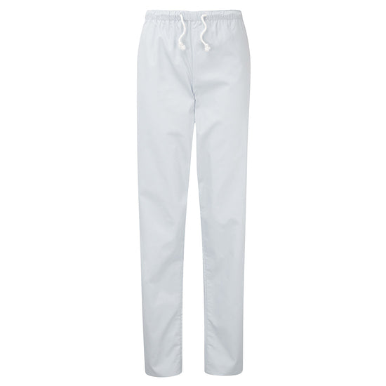 Orn Workwear Scrub Trousers in white with pockets and drawstring fasten.