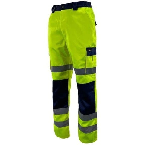 Kapton HV-516 poly cotton cargo trousers in yellow and navy contrast. trousers have cargo pockets and kneepad pockets as well as back pockets.