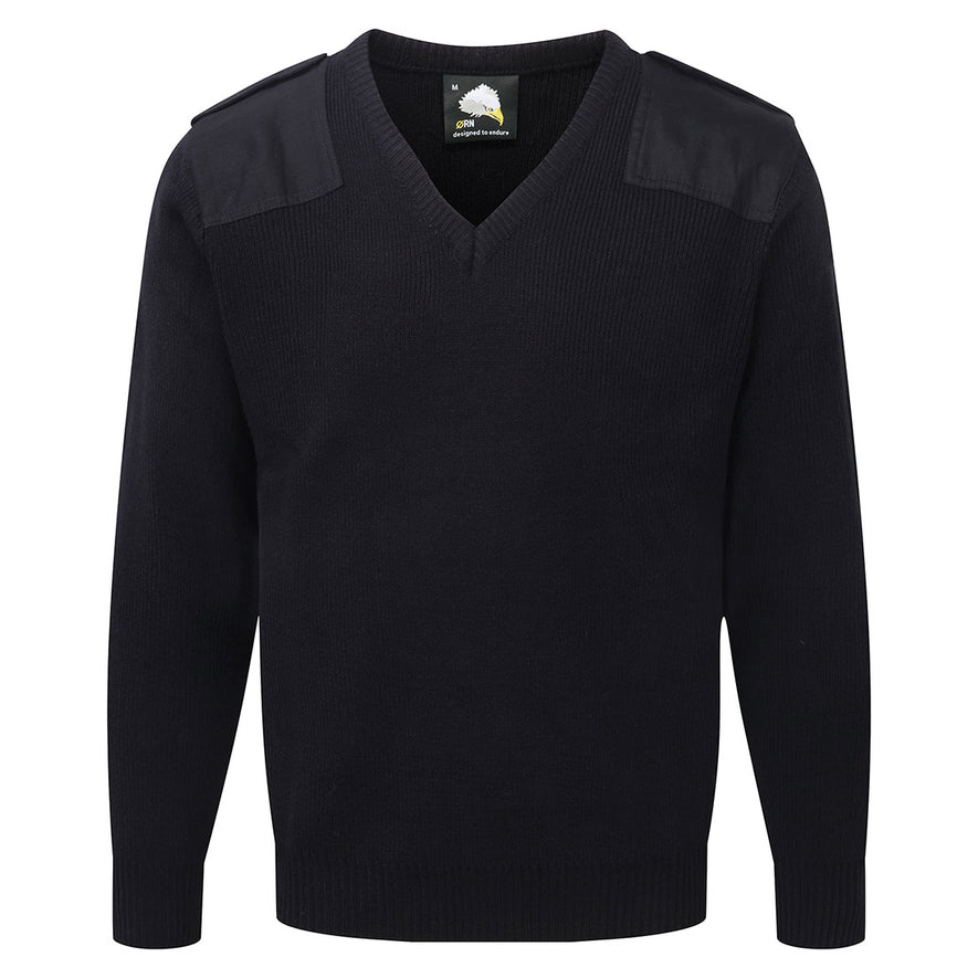 Orn Workwear Security Jumper in black with security style shoulder patches and a v-neck finish.