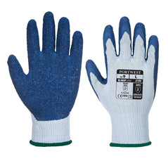 Grey and blue grip latex glove with latex blue palm and grey back. 