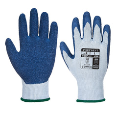 Grey and blue grip latex glove with latex blue palm and grey back.