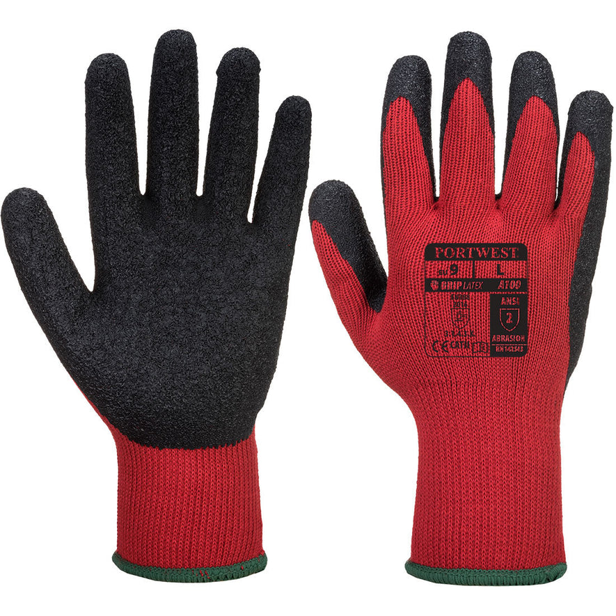 Red and Black grip latex glove with latex black palm and red back.