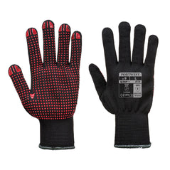 Portwest polka dot glove pair. Glove has a black back and wrist with a PVC polka dot palm in red polka dots. Gloves also have an elasticated wrist.