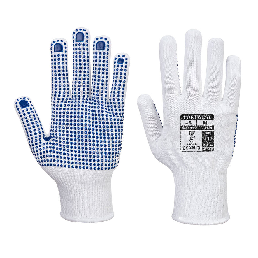 Portwest polka dot glove pair. Glove has a white back and wrist with a PVC polka dot palm in blue polka dots. Gloves also have an elasticated wrist.