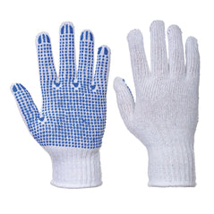 White polka dot gloves with blue PVC polka dots for grip.