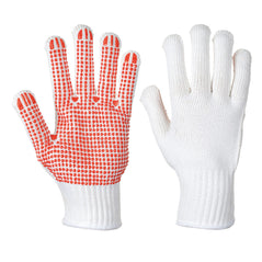 White heavyweight polka dot gloves with red pvc polka dots on the palm for grip.
