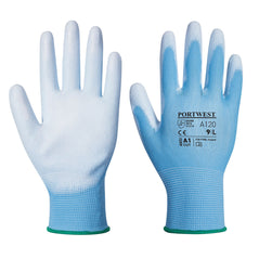 Blue Portwest PU palm glove. Glove has white PU palm, White PU fingertips on the back and a green elasticated wrist.
