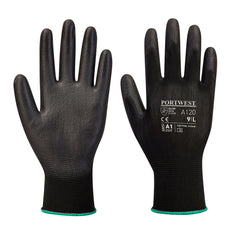 Black Portwest PU palm glove. Glove has black PU palm, Black PU fingertips on the back and a green elasticated wrist.