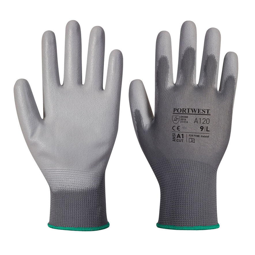 Grey Portwest PU palm glove. Glove has grey PU palm, Grey PU fingertips on the back and a green elasticated wrist.