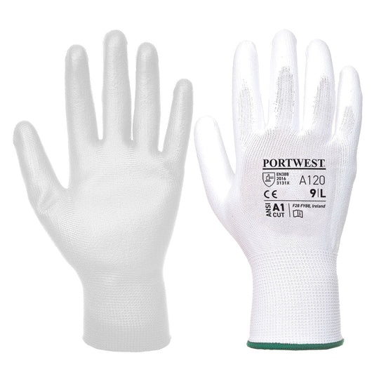White Portwest PU palm glove. Glove has white PU palm, White PU fingertips on the back and a green elasticated wrist.