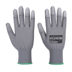 Grey portwest PU fingertip generl handling glove. Glove has a green elasticated wrist.