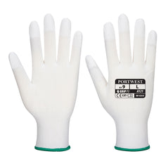 White portwest PU fingertip generl handling glove. Glove has a green elasticated wrist.